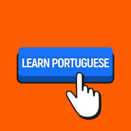 Hand Mouse Cursor Clicks the Learn Portuguese Button. Pointer Push Press Button Concept.のイラスト素材