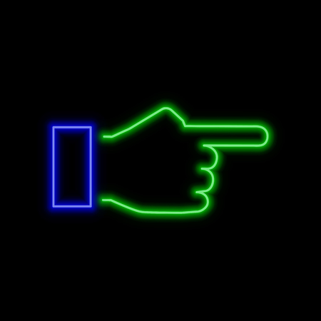 Hand with forefinger pointing forward neon sign. Bright glowing symbol on a black background. Neon style icon.のイラスト素材