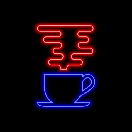 Coffee cup with steam neon sign. Bright glowing symbol on a black background. Neon style icon.のイラスト素材