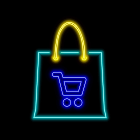 Shopping bag neon sign. Bright glowing symbol on a black background. Neon style icon.のイラスト素材