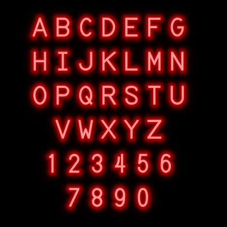 English alphabet and numbers. Neon style. Red letters.のイラスト素材
