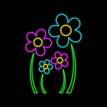Flowers neon sign. Family concept. Bright glowing symbol on a black background. Neon style icon.のイラスト素材