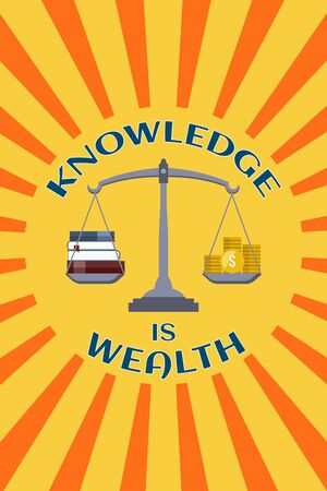 Motivational education poster. Knowledge is wealth. Over sunburst backgroundのイラスト素材