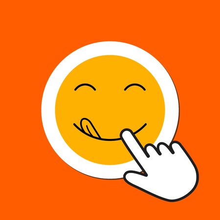 Smile with tongue icon. Delicious eating concept. Hand Mouse Cursor Clicks the Button. Pointer Push Pressのイラスト素材