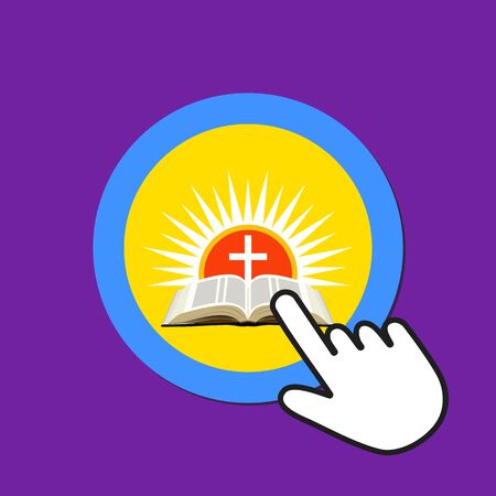 Bible with cross over sunset icon. Resurrection, Easter concept. Hand Mouse Cursor Clicks the Button. Pointer Push Pressのイラスト素材