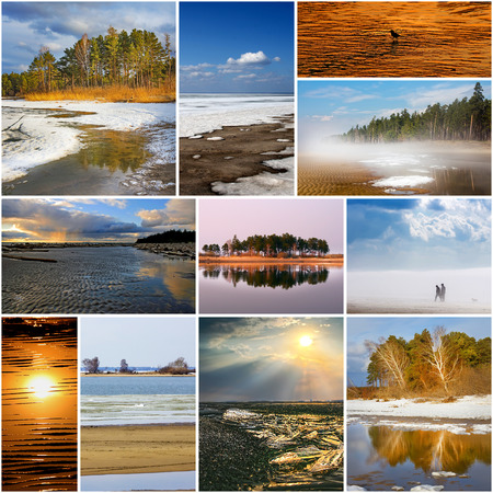 Collage of photos - Spring landscape. The river Ob, and the Ob reservoir, Novosibirsk oblast, Siberia, Russiaの写真素材