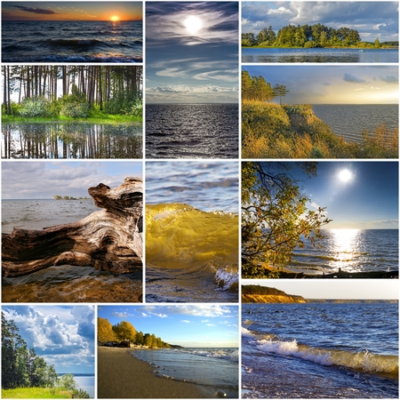 A collage of photos of the river at different times of the year. The river Ob, Novosibirsk oblast, Siberia, Russiaの写真素材