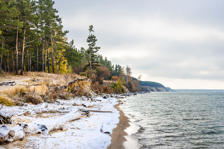 Autumn landscape with first snow. The river Ob, Novosibirsk oblast, Siberia, Russiaの写真素材