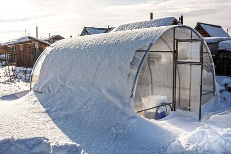Greenhouse polycarbonate unit tunes snow.  Russia, Siberia, Novosibirsk regionの写真素材