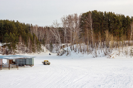 The river Split the Town of Berdsk, Novosibirsk oblast, Siberia, Russia - January 12, 2017: the snowy river and boat stationのeditorial素材