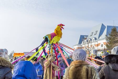 Berdsk, Novosibirsk oblast, Siberia, Russia - February 26, 2017: people whirling in the dance, in the carnival holidayのeditorial素材