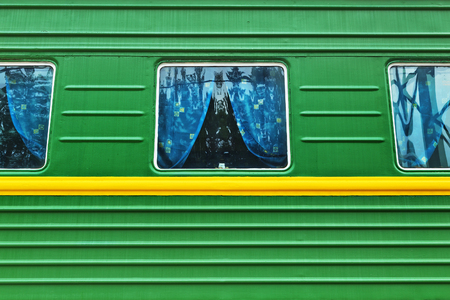 Novosibirsk Museum of railway equipment in Novosibirsk, Siberia, Russia - July 7, 2017: window in an old railway passenger car of the Soviet eraのeditorial素材