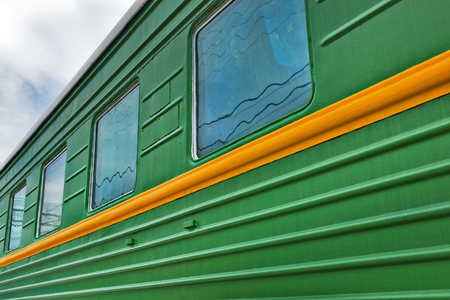 Novosibirsk Museum of railway equipment in Novosibirsk, Siberia, Russia - July 7, 2017: window in an old railway passenger car of the Soviet eraのeditorial素材