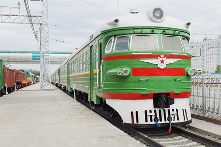 Novosibirsk Museum of railway equipment in Novosibirsk, Siberia, Russia - July 7, 2017: Train Riga DC type 1 ( ER 1 ). Released in the Soviet Union at the Riga wagon factory, 1957のeditorial素材
