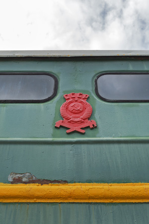 Novosibirsk Museum of railway equipment in Novosibirsk, Siberia, Russia - July 7, 2017: arms of the USSR on the old trainのeditorial素材