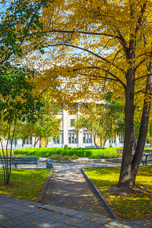 The city of Novosibirsk, Siberia, Russia - September 17, 2017: Alley with autumn trees in the Park of the Novosibirsk state academic Opera and ballet theatreのeditorial素材