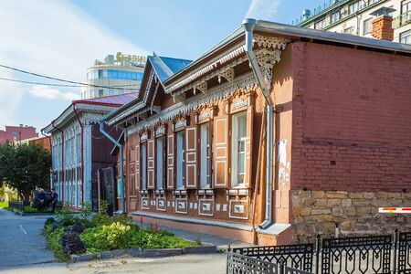 Novosibirsk, Siberia, Russia - September 17, 2017: house G. R. Beilin, a monument of wooden architecture (built in the early 1906), Communist street 25のeditorial素材