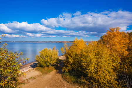 City Park "Berd spit". Colorful autumn trees on coast of Ob in the Novosibirsk reservoir. Berdsk, Novosibirsk oblast, Siberia, Russiaの写真素材