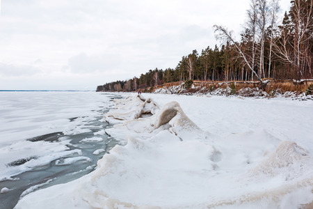 Snow-ice ridges at the Novosibirsk Ob reservoir in early winter. The river Ob, Novosibirsk oblast, Siberia, Russiaの写真素材