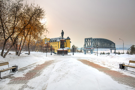 Novosibirsk, Siberia, Russia - Feb 4, 2018: the Monument to Russian Emperor Alexander III on the embankment of the Ob river in the Park " City beginning "のeditorial素材