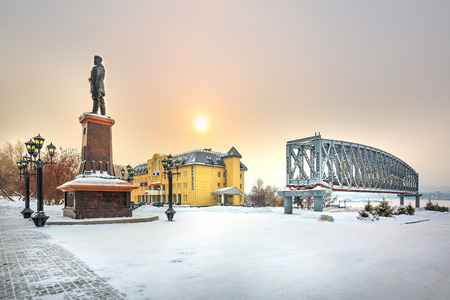 Novosibirsk, Siberia, Russia - Feb 4, 2018: the Monument to Russian Emperor Alexander III on the embankment of the Ob river in the Park " City beginning "のeditorial素材