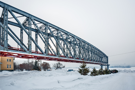 Novosibirsk, Siberia , Russia-February 4, 2018: Flight of the old railway bridge as a Museum exhibit in the Park on the embankment of the Ob riverのeditorial素材