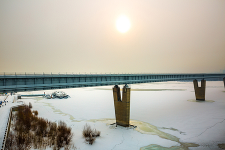 Novosibirsk, Siberia, Russia - Feb 4, 2018: indoor Novosibirsk metro bridge across the Ob river with the October bridgeのeditorial素材