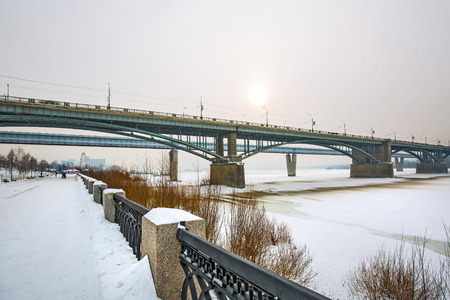 Novosibirsk, Siberia, Russia - Feb 4, 2018: indoor Novosibirsk metro bridge and October bridge over the Ob river in winterのeditorial素材