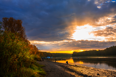 Autumn landscape on the river. Ob river, Verkh-Suzun, Suzun district, Novosibirsk region, Western Siberia, Russiaのeditorial素材