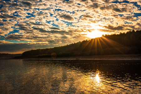 View of the autumn river. Ob, Suzun district, Novosibirsk region, Western Siberia, Russiaの写真素材