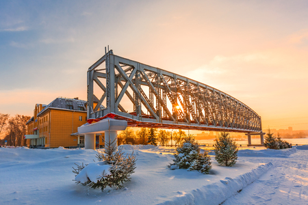 Novosibirsk, Western Siberia, Russia-January 2, 2019: Span structure of the first railway bridge over the Ob riverのeditorial素材