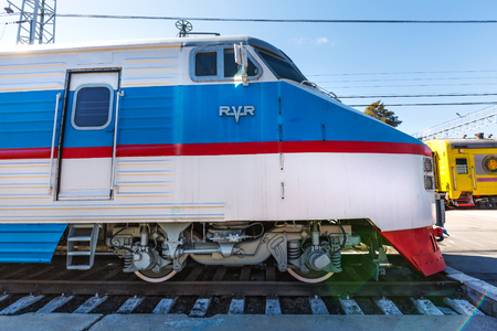 Novosibirsk, Western Siberia, Russia-April 15, 2018: Exhibit of the Novosibirsk Museum of railway equipment-Soviet Riga high-speed electric train ER 200-2のeditorial素材