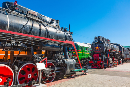 Novosibirsk, Western Siberia, Russia-April 15, 2018: the territory of the Novosibirsk Museum of railway equipment. N. A. Akulinin with retro exhibitsのeditorial素材