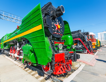 Novosibirsk, Western Siberia, Russia-April 15, 2018: the territory of the Novosibirsk Museum of railway equipment. N. A. Akulinin with retro exhibitsのeditorial素材