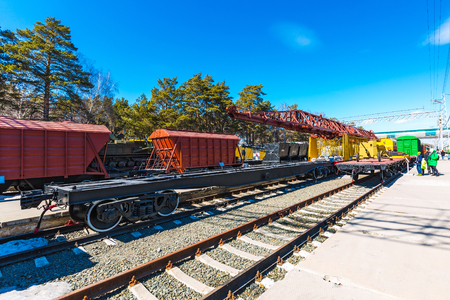 Novosibirsk, Western Siberia, Russia-April 15, 2018: the territory of the Novosibirsk Museum of railway equipment. N. A. Akulinin with retro exhibitsのeditorial素材