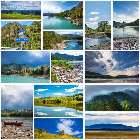 Altai, South Siberia, Russia-2018: collage on natural attractions of the Altai Republic and Altai Kraiのeditorial素材