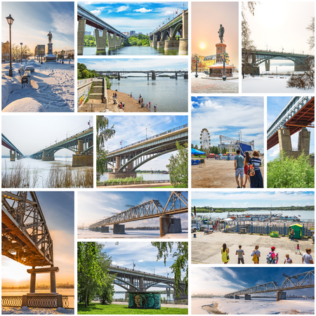 Novosibirsk, Western Siberia, Russia 2018, 2019: collage on the theme attractions of the city of Novosibirsk, St. Michael quay of the river Obのeditorial素材