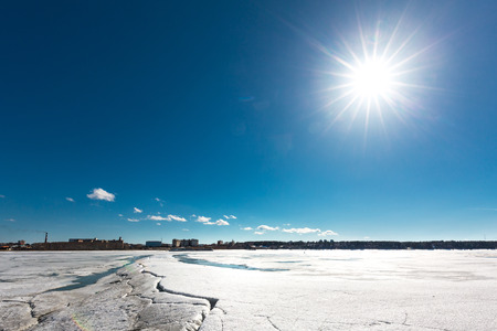 The Berd ' river (tributary of the Ob) in the spring of sunken ice. Berdsk, Novosibirsk region, Western Siberia, Russiaの写真素材