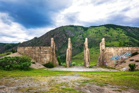 Ulagan municipal district, Altai Republic, South Siberia, Russia - July 13, 2019: unfinished, abandoned Chui (Aktash) hydroelectric power plant on the Chui riverの写真素材