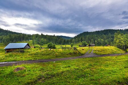 Lower Kuyum village,Chemal district, Altai Republic, South Siberia, Russia - August 14, 2019: wooden houses of a small Altai village in the Kuyum river valleyのeditorial素材