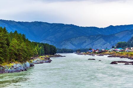 Chemal village, Chemal district, Altai Republic, southern Siberia, Russia-August 14, 2019: View of Katun river and Chemal villageのeditorial素材