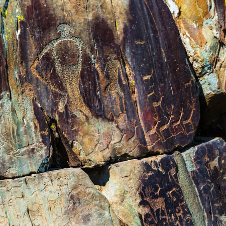 Petroglyph complex "kalbak - Tash" (ritual sanctuary), Ongudai district, Altai Republic, Russia - July 15, 2019: rock paintings depicting animalsのeditorial素材