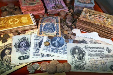 Old pre-revolutionary banknotes and coins of tsarist Russiaの写真素材