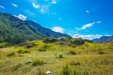 Petroglyph complex "kalbak - Tash" (ritual sanctuary), Ongudai district, Altai Republic, Russia - July 15, 2019: view of the mountain valleys in summerのeditorial素材