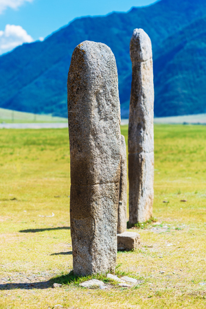 Near the village of yinya, Ongudai district, Altai Republic, Russia - July 15, 2019: ancient stone stellae - cult objects of the bronze ageのeditorial素材