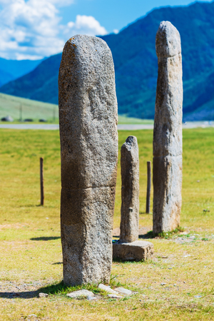 Near the village of yinya, Ongudai district, Altai Republic, Russia - July 15, 2019: ancient stone stellae - cult objects of the bronze ageのeditorial素材