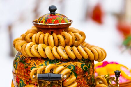 Berdsk, Novosibirsk region, Western Siberia, Russia-March 1, 2020: a Bundle of round dried fruits dressed on a samovarの写真素材