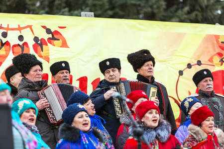 Berdsk, Novosibirsk region, Western Siberia, Russia-March 1, 2020: Cossack choir at the Maslenitsa festivalのeditorial素材
