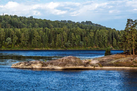 View Of the stone of love by the Biya river. Turochak village, Turochaksky district, Altai Republic, South of Western Siberia, Russiaの写真素材