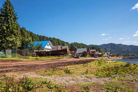 Artybash village, Turochaksky district, Altai Republic, Russia-August 20, 2020: private buildings on the shore of lake Teletskoyeのeditorial素材